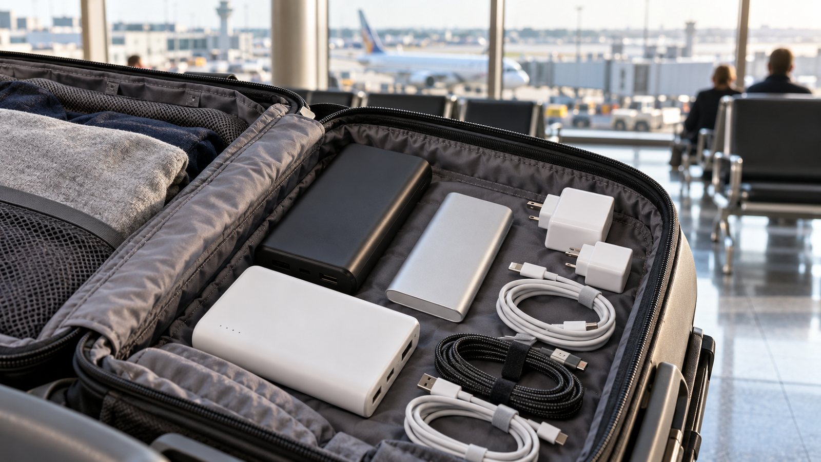 A power bank and phone on a tray table (illustrative)