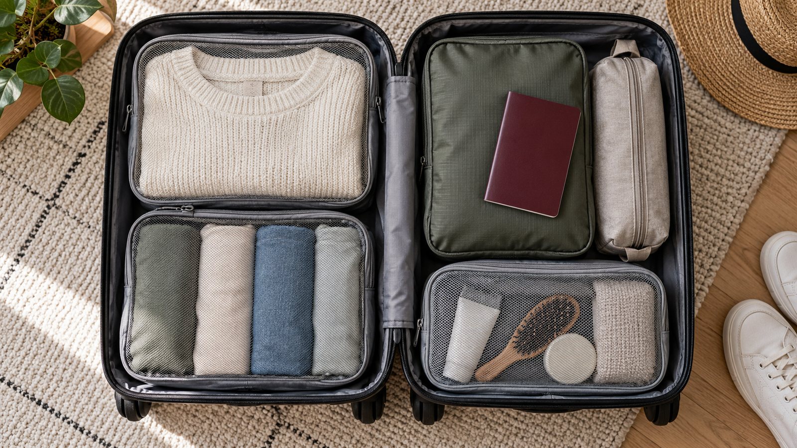 A packed carry-on with packing cubes (illustrative)