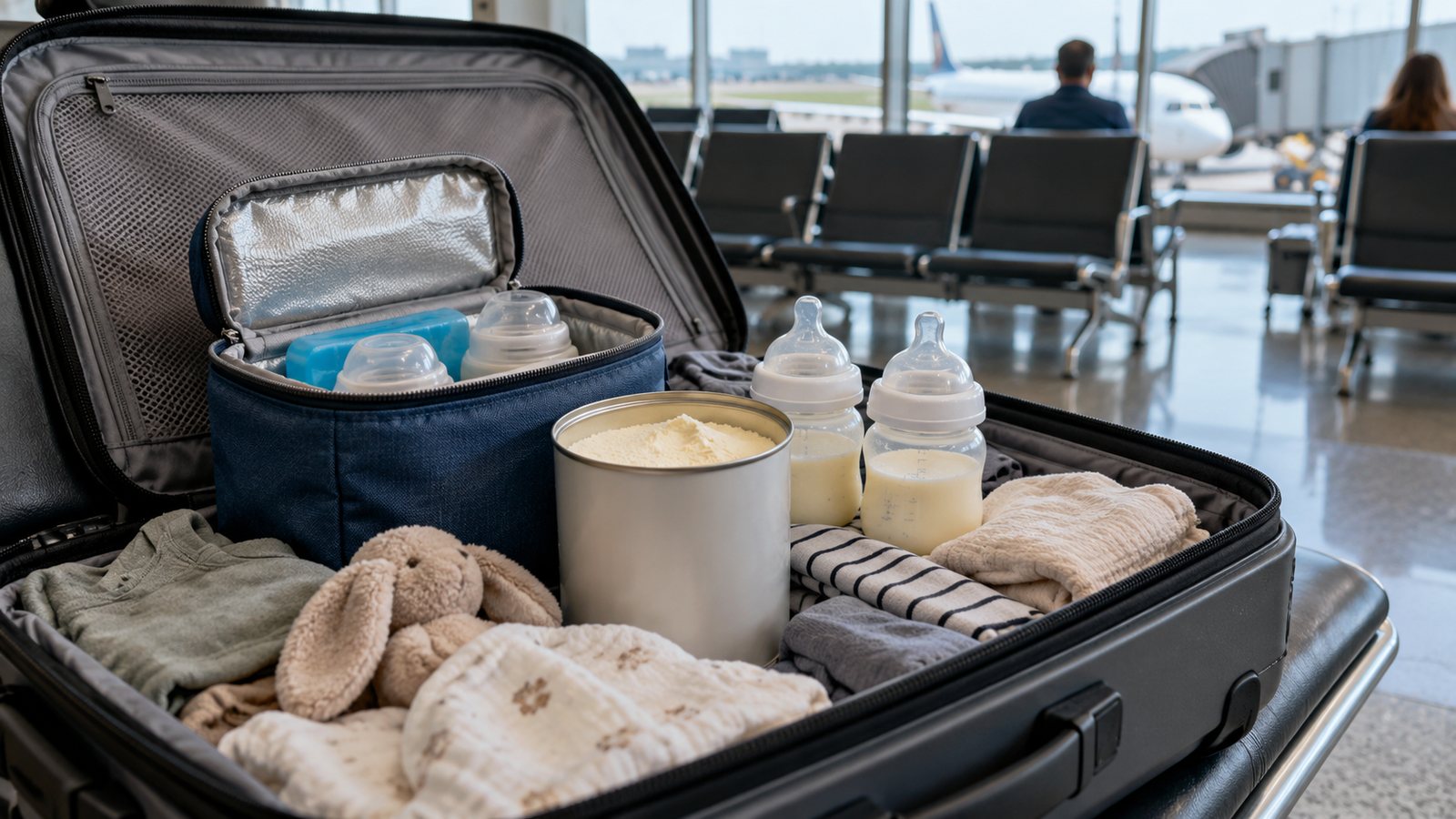 Baby bottles, formula and a small cooler bag packed in a carry-on (illustrative)