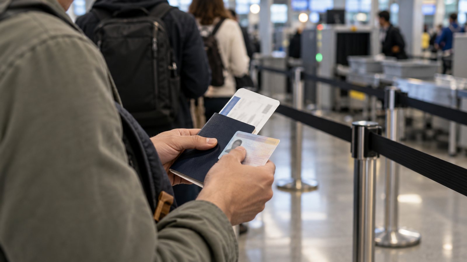 A traveler holding ID and a boarding pass (illustrative)